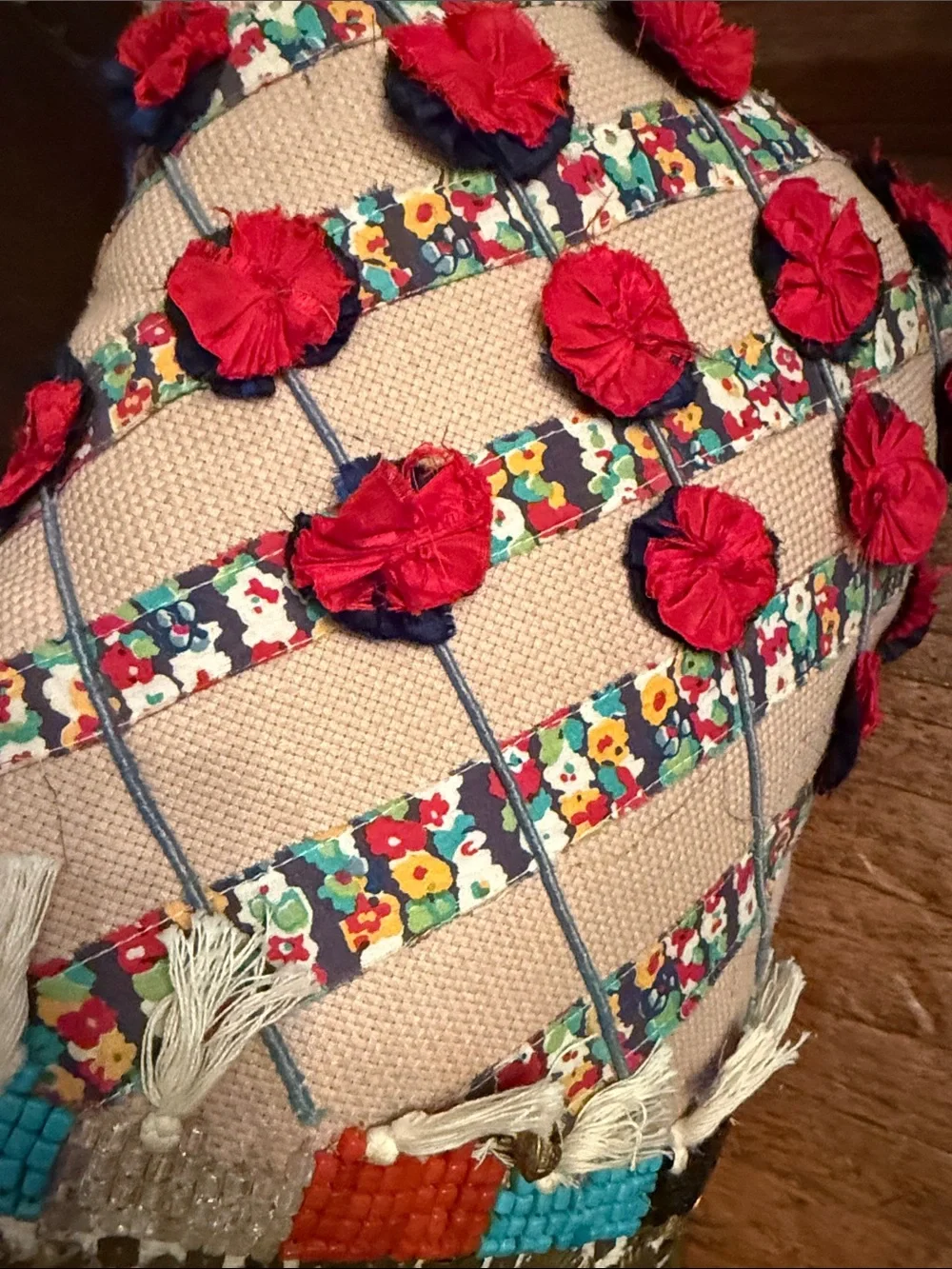 Decorative Boho Pillow with Pink, Red & Gold Accents